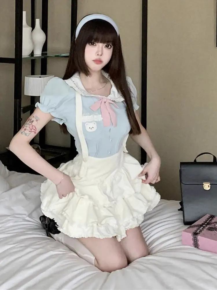 زي مدرسي صيفي لطيف على طراز الدوبامين مكون من قطعتين بأكمام قصيرة ورقبة دائرية من مادة البوليستر ملابس عمل للطلاب