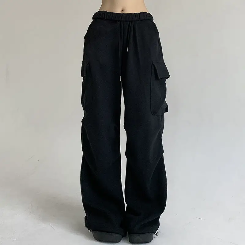 Deeptown Oversized Grey Cargo Sweatpants Women Korean Fashion Casual Baggy Pants Sports High Waist Basic Wide Leg Trousers