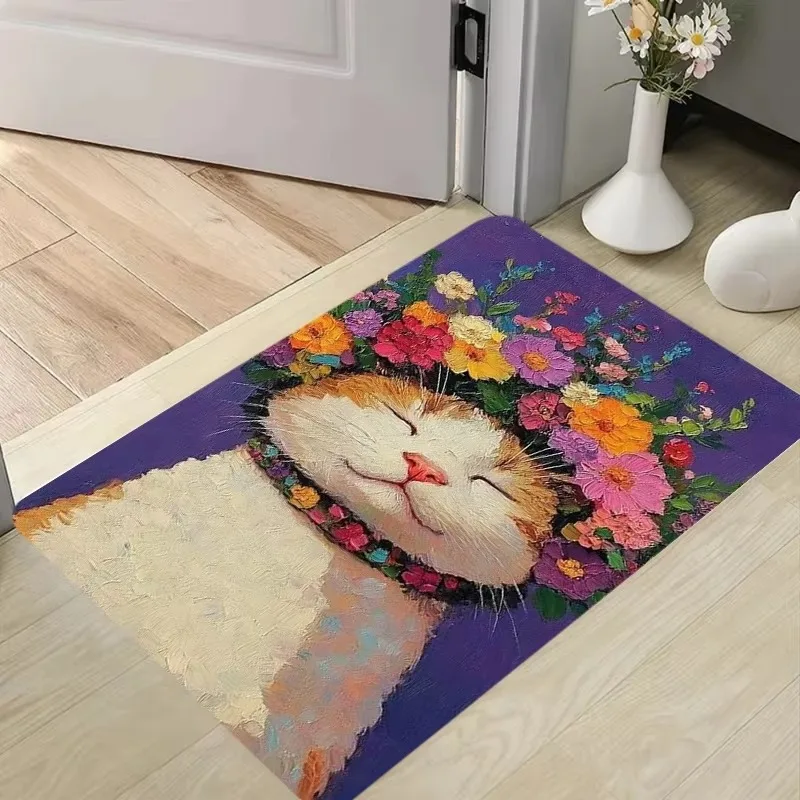 Green Grass Daisy Sleeping Orange Tabby Cat Print Doormat Anti Slip Absorbent Front Entry Mat Bedroom Kitchen Balcony Door Mat