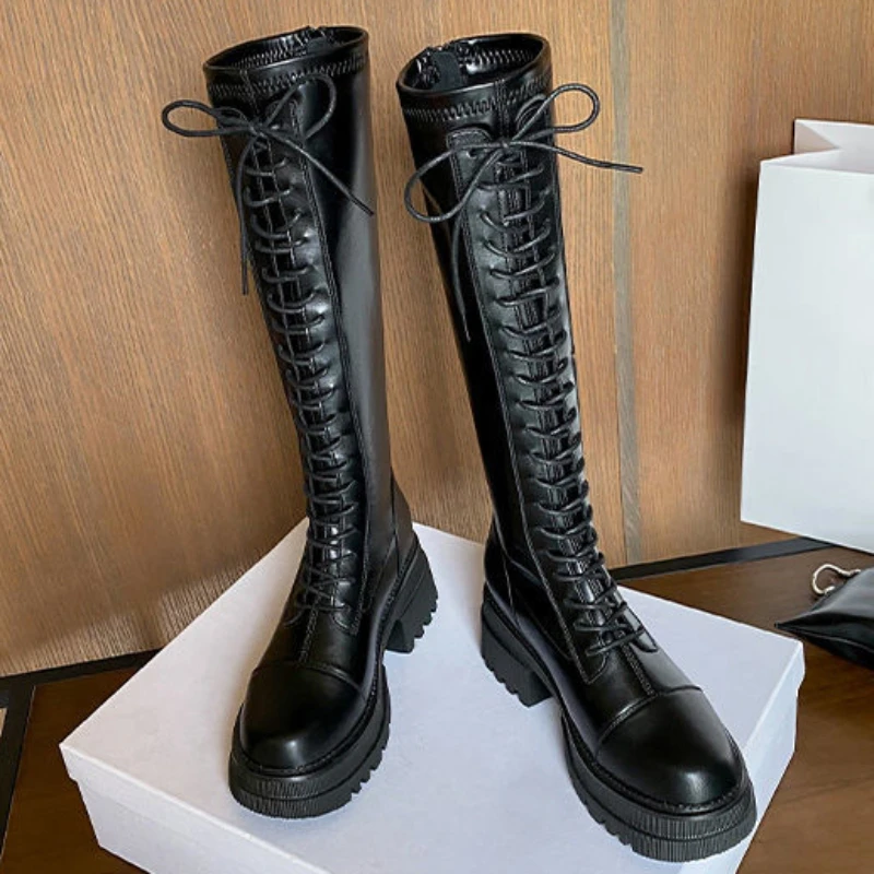 Shoes for Woman Footwear with Laces New Rock Long Women\'s Boots Black Winter Knee High Shaft White Lace-up Waterproof Cosplay In