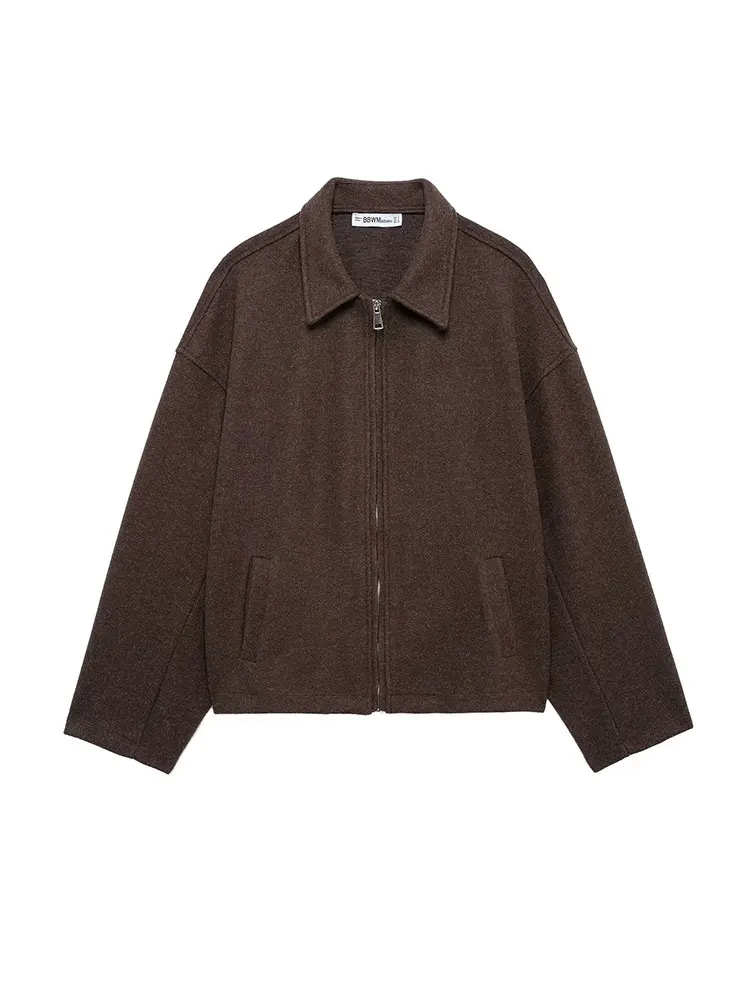 Nlzgmsj feminino vintage casual chique jaqueta bomber sólida zíper bolsos frontais casacos de manga longa moda 2025 casacos de outono