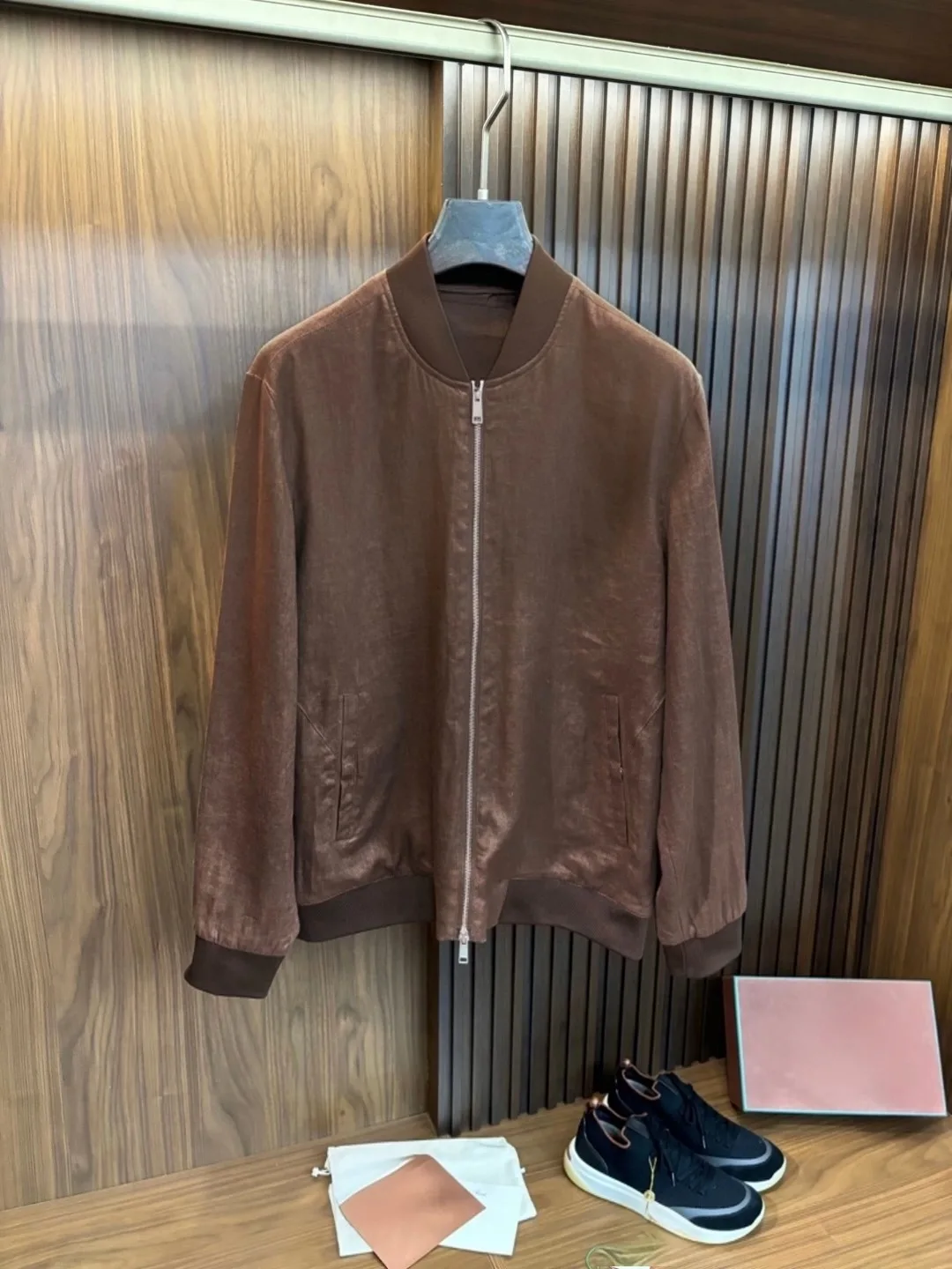 

Italian Sle Men's Stand Collar Busin Casual Linen Work Jaet Autumn Spring Season Long Sve Zipper Closure Color