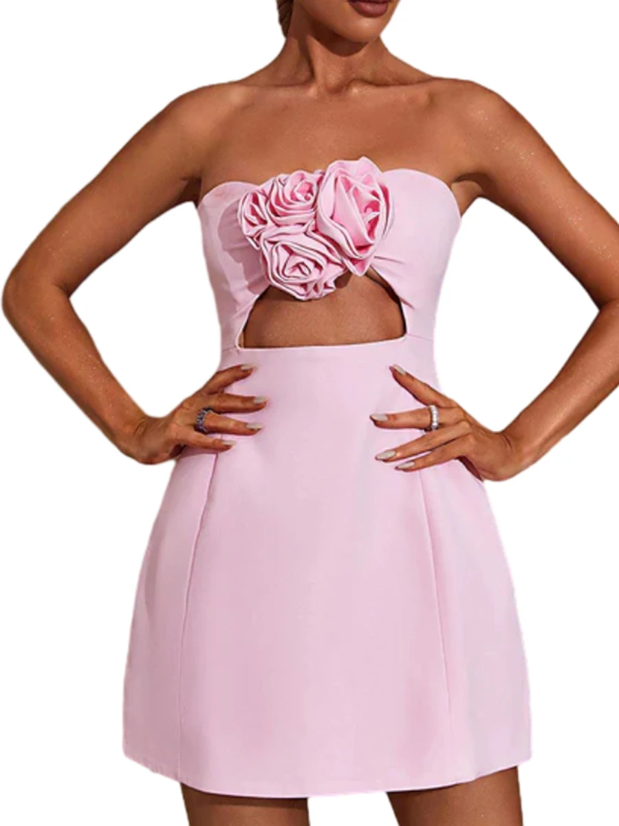 

Women Flowers Strapless Dress Summer New Cutout Backless Mini Party Dresses Cocktail Party Wear Streetwear Y2K Aesthetic Clothes