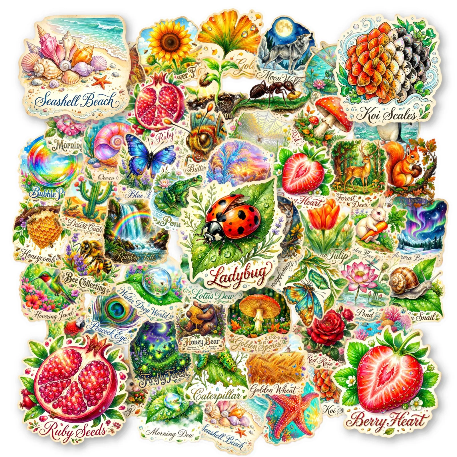 50 PCS Forest Natural Illustrated Stickers Dreamy Micro Wonderland Exquisite DIY Material Decorate PET Transparent Decals