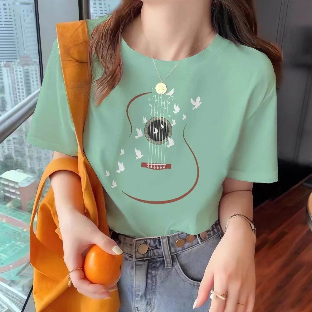 

3D Casual Women's T Shirt Top Y2k Summer Loose Round neck Short Sleeve Tee Guitar Pattern Print Trendy Street T Shirts for Girls