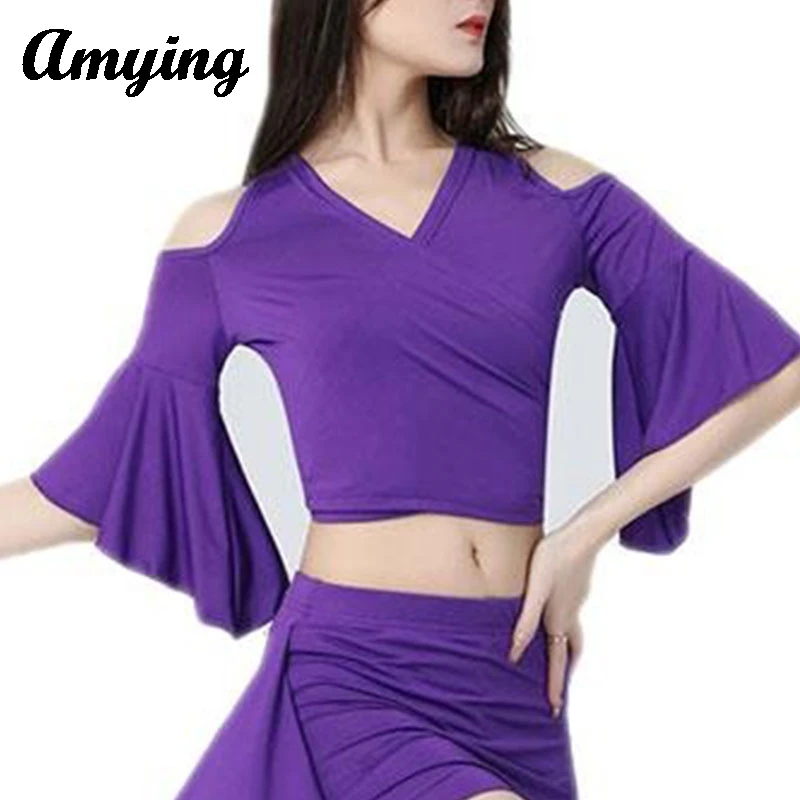 Women Sexy Strap Cross Costumes Performance Tops Belly Dance/Latin Dance Clothing Team Dance Suit Flare Sleeve Practice Suit