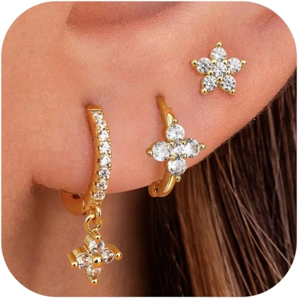 

Drperfect 3Pairs silver needle Stud Hoops Earrings Set for Women Flower Zirconia Cartilage for Multiple Piercings Dainty Jewel