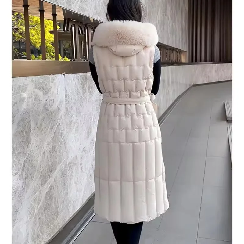 الشتاء رشاقته طويلة أسفل القطن سترة المرأة ملابس خارجية موضة جديدة تقليد الصوف طوق حزام أكمام مقنعين صدرية الإناث #4