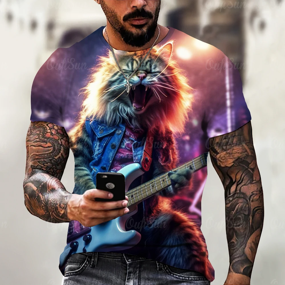 Summer Short Sleeve Animal T-Shirts Rock Cat 3D Print Fashion Casual Street Oversized Men's Comfortable And Breathable Clothing