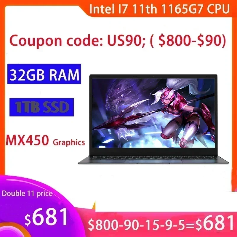 GMOLO-el mejor ordenador portátil para juegos, 32GB/16GB, DDR4 RAM, Intel I7, CPU Geforce MX450/ Iris Xe, Super Gamer