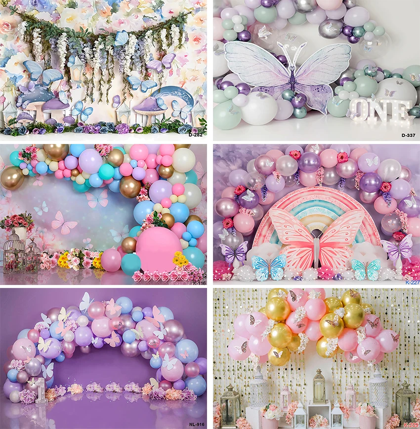 

Photography Background Pink Purple Butterfly Balloon Baby Princess Girl Birthday Party Cake Smash Decor Photo Backdrop Studio
