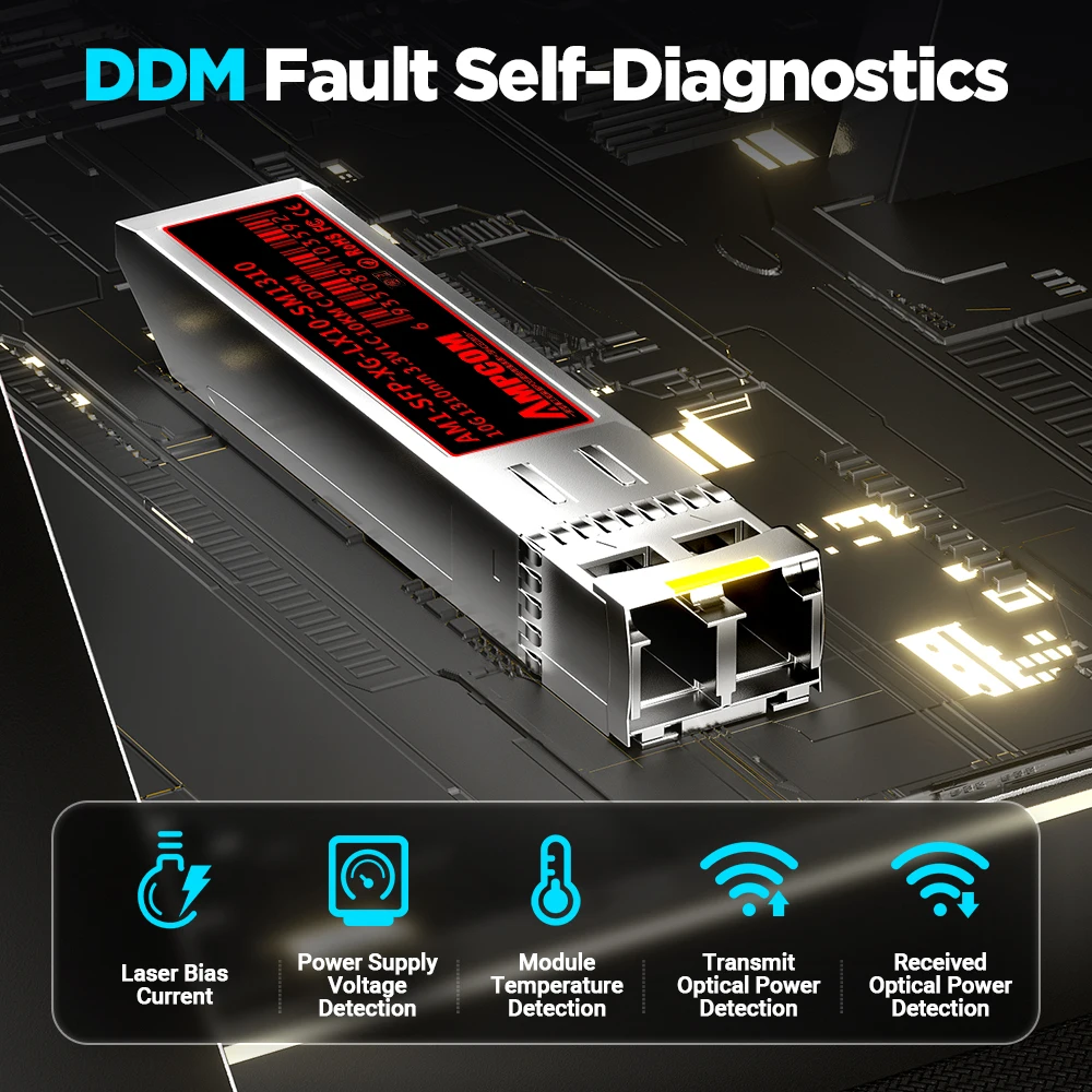 AMPCOM Module LC modul Transceiver SFP + dupleks Mode tunggal, serat optik industri SMF 1310nm 10km 20km untuk Cisco dll.