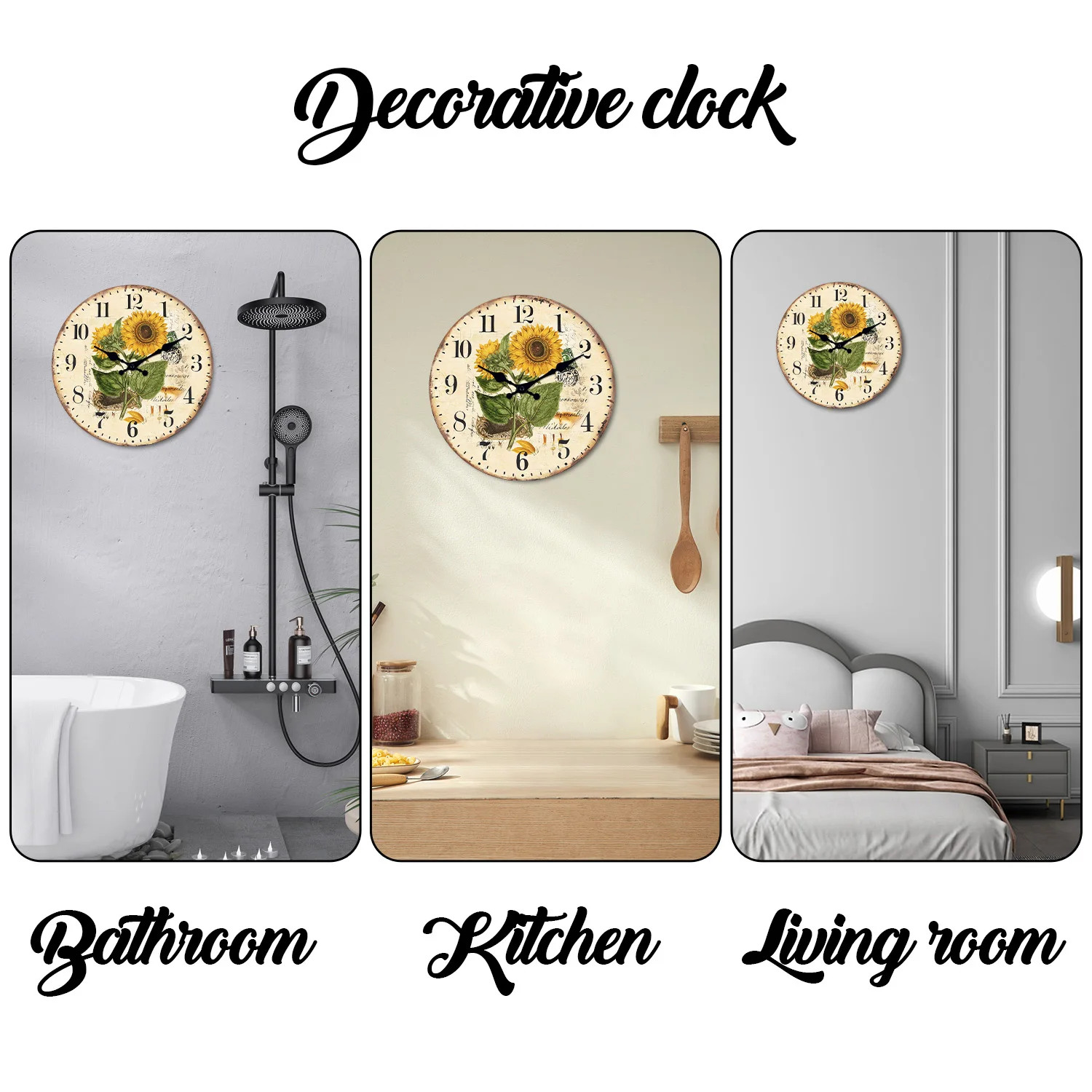 1pc Retro Wood Wall Clock, Two Sunflower Flower Design Wall Clock, Non-Ticking Silent Wall Clock, Home Living Room Decoration