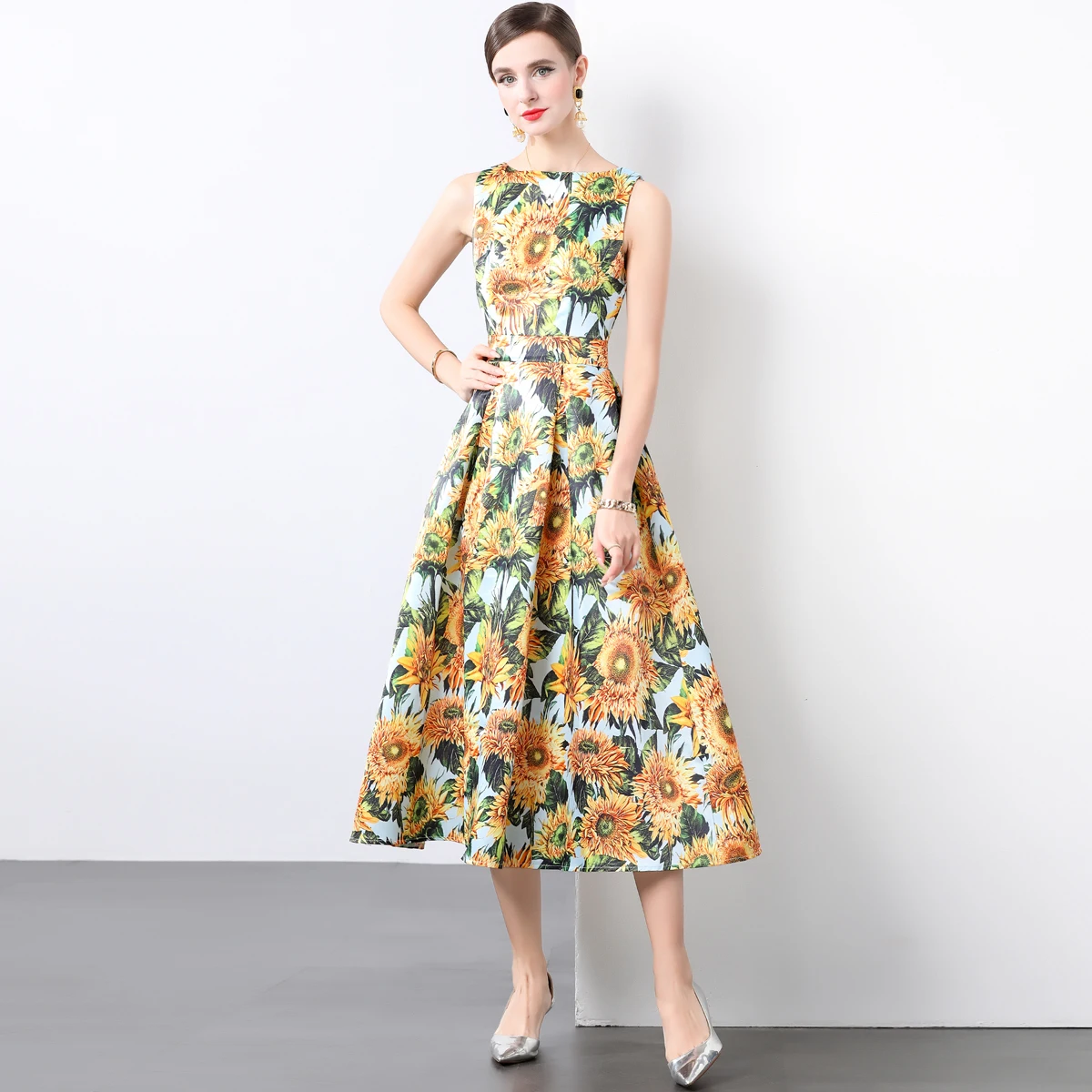 

Vintage Autumn Winter Sunflower Print High Waist Holiday Long Dress Elegant Women's O Neck Sleeveless Tank Flowers Slim Clothes