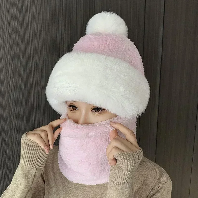 New Scarf Integrated Hat 2-in-1 Women\'s Thickened Double Layer Warm Plush Hat Scarf Children\'s Winter Cold Neck Warm Hat