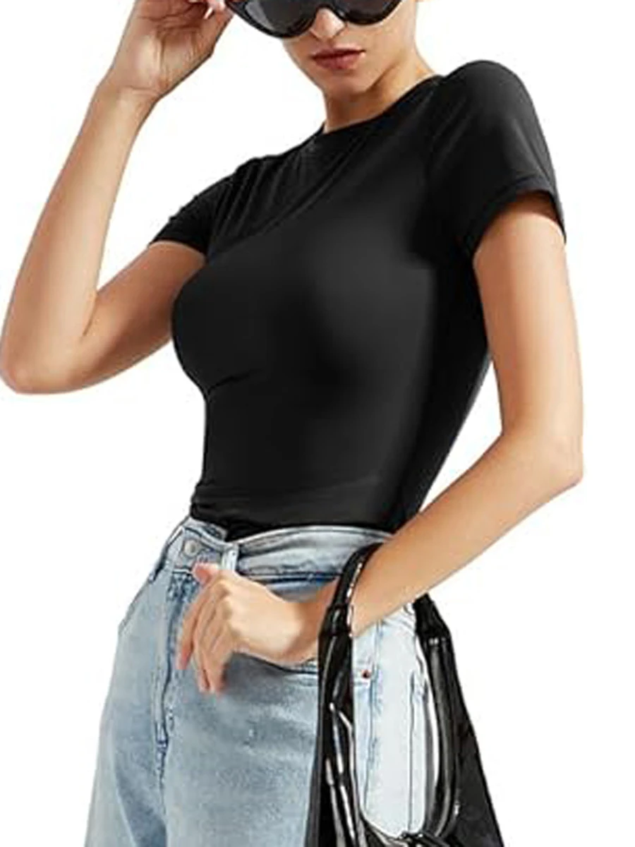 Womens Short Sleeve Crop Tops Solid Round Neck Slim Fit Tight T-Shirt Summer Basic Tees Streetwear