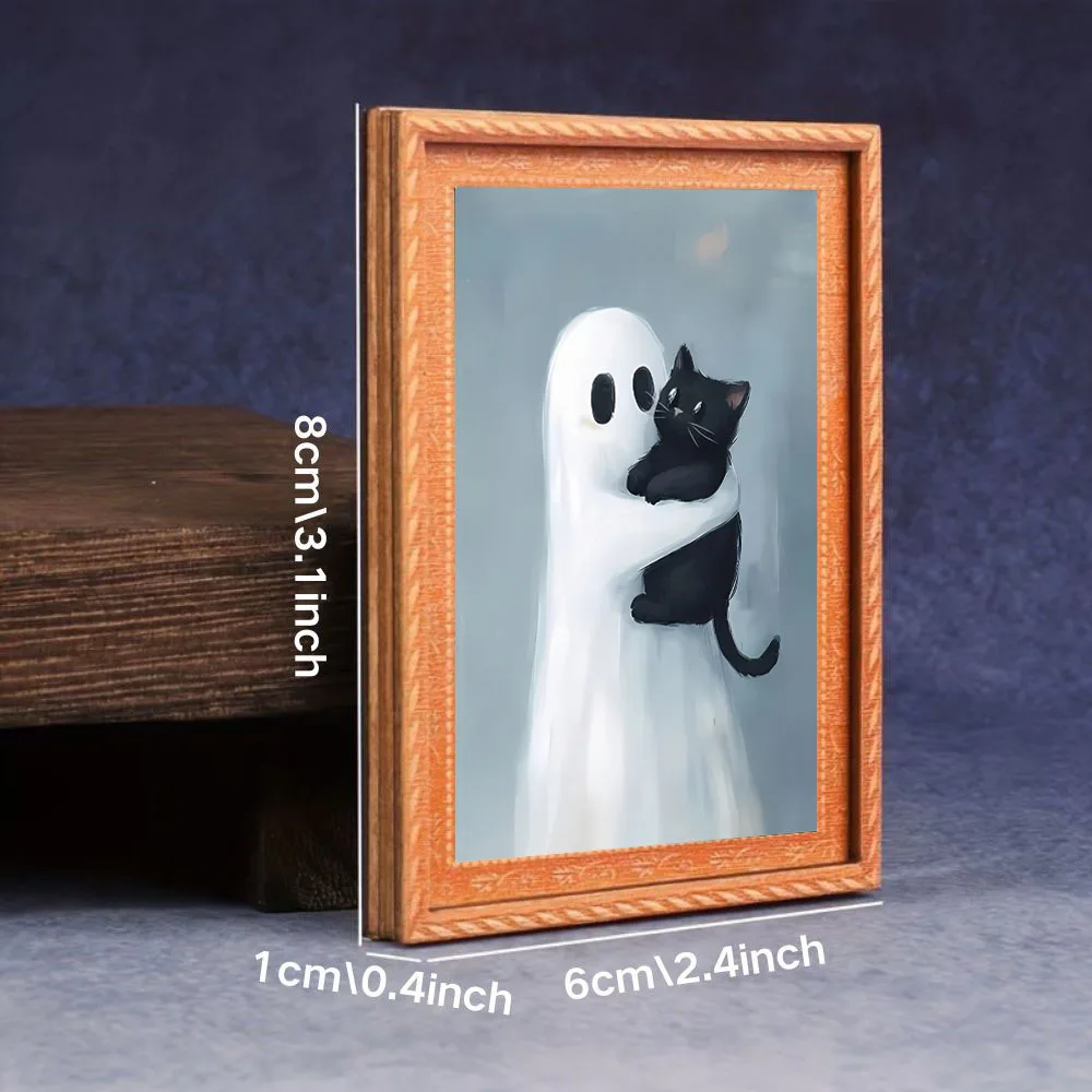 1 Piece of Halloween Retro Little Black Cat Ghost Fridge Magnet, Wooden Frame-Shaped Fridge Decoration, Gentle Gothic Cat Magnetic Decoration Sticker, Halloween Kitchen Fridge Magnet