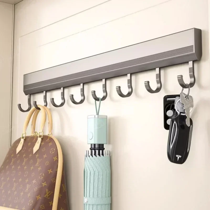 Kitchen Hook Wall Mounted Kitchen Storage Rack Storage Row Hook Holder No Punch Shelves with Movable Hook Kitchen Utensil