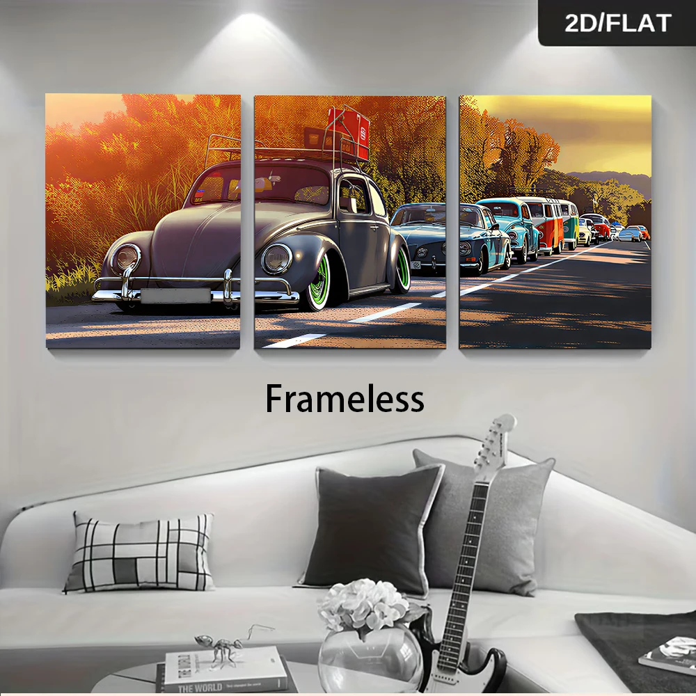 1 set of vintage Beetle car road scenery triple frameless decorative painting, 2D flat