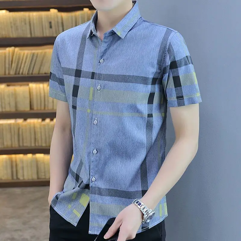 

Elegant Fashion Harajuku Slim Fit Ropa Hombre Loose Casual Sport All Match Shirt Stripe Pointed Collar Button Short Sleeve Blusa