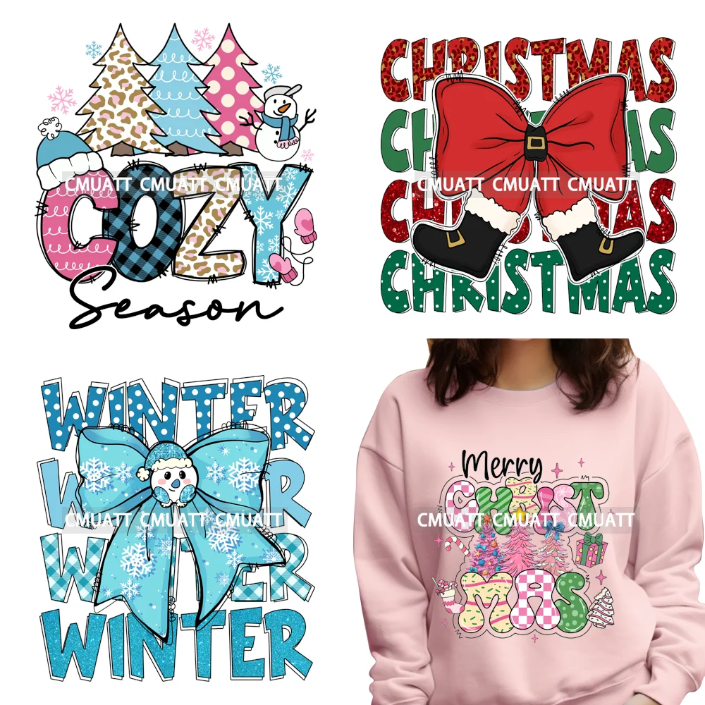 Colorful Coquette Bow Hello Winter Cozy Season Merry Christmas Xmas Holiday DTF Heat Transfer Stickers DIY Iron On For T-shirts