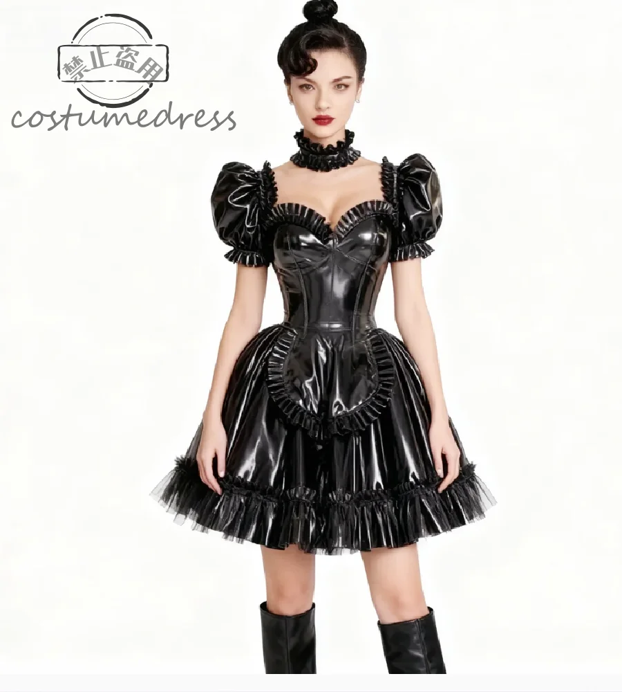 

Witchy Gothic Pvc Evening Dress Puff Sleeve Mini Short Halloween Costume Maid Dress Vintage Black Dracula Prom Dress Cocktail