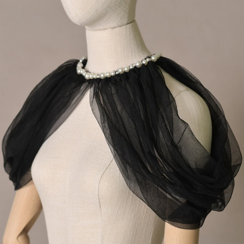 Black Wedding Bride Tulle Shoulder Cover Detachable Sheer Mesh Puff Sleeves Shrug Top Capelet Pearl Shawl Party Dress Accessory