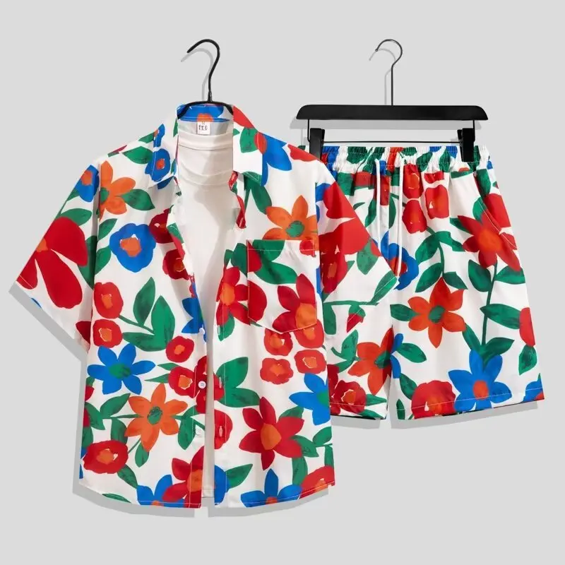 Summer Men's Hawaiian Shirt Set Fashion Loose Casual Handsome Beach Vacation Short Sleeve Flower Shirt Shorts Two Piece Set