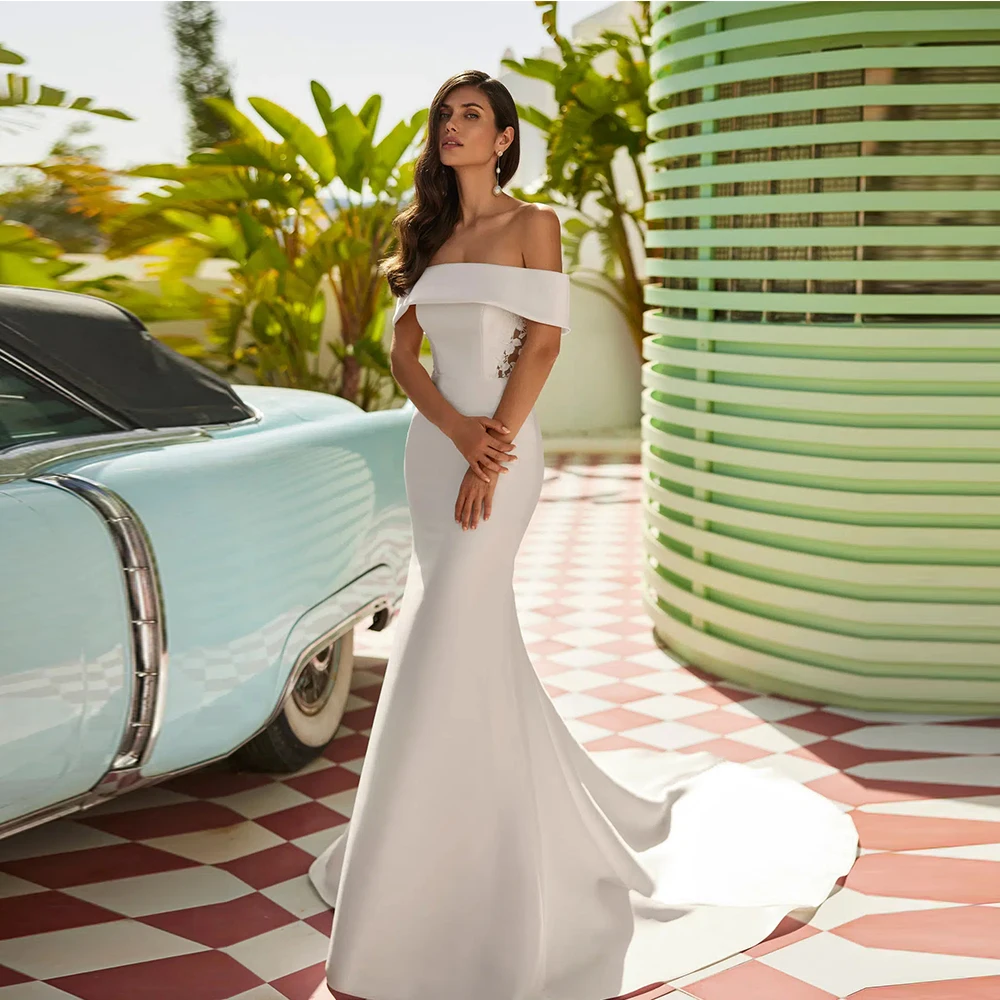 Customized Simple Satin Wedding Dresses Elegant Bridal Gown Off The Shoulder A-Line Robes Pretty Vestidos De Novia Applique Back