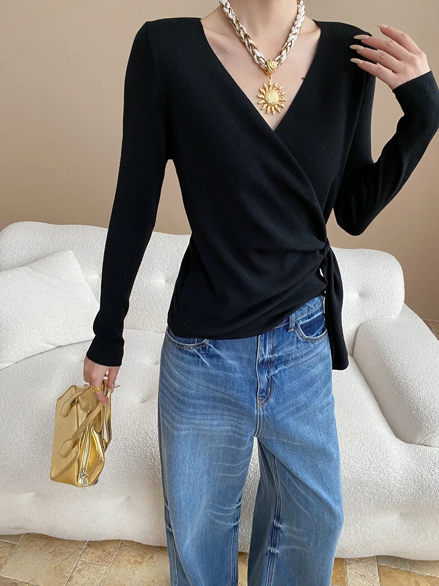 

Autumn and winter women's casual design cross tie V-neck side waist pleated knitted sweater