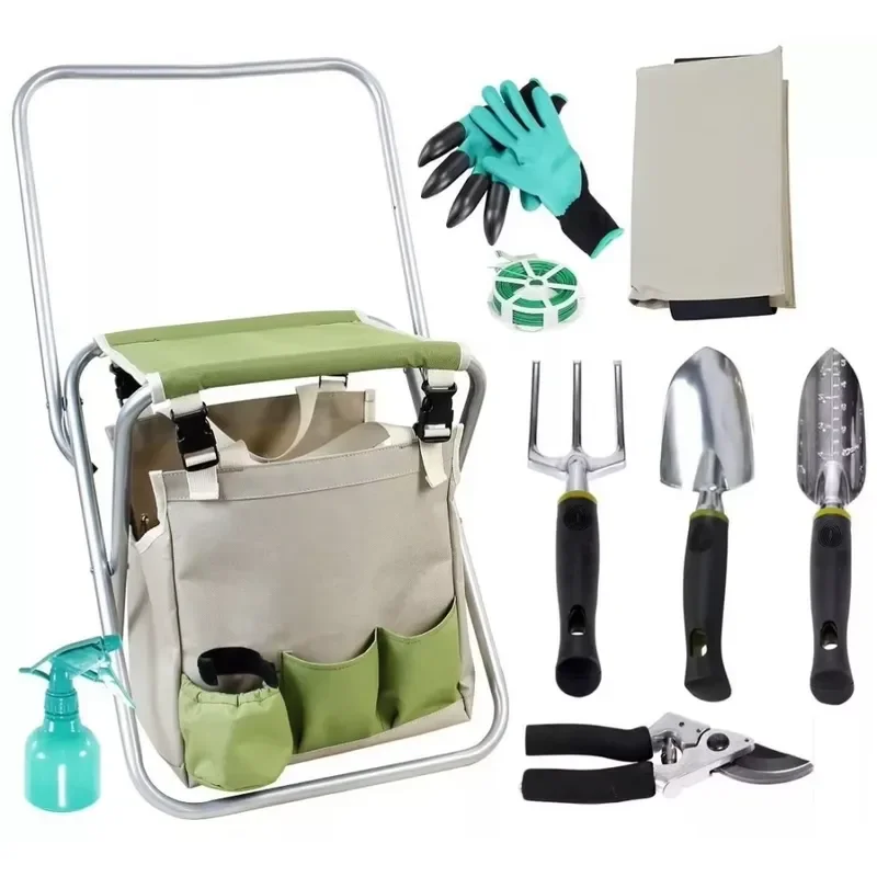 9 Pcs Kids Garden Tool Set with Strong Polyester Zippered Bag and Folding Chair Seat for JLD Bags Brand