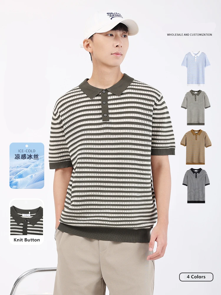Viscose Polyester Men Stripe Print Polo Shirt All Match Coolness Summer Quality Hollow Out Breathable Stretchy Camisas De Hombre
