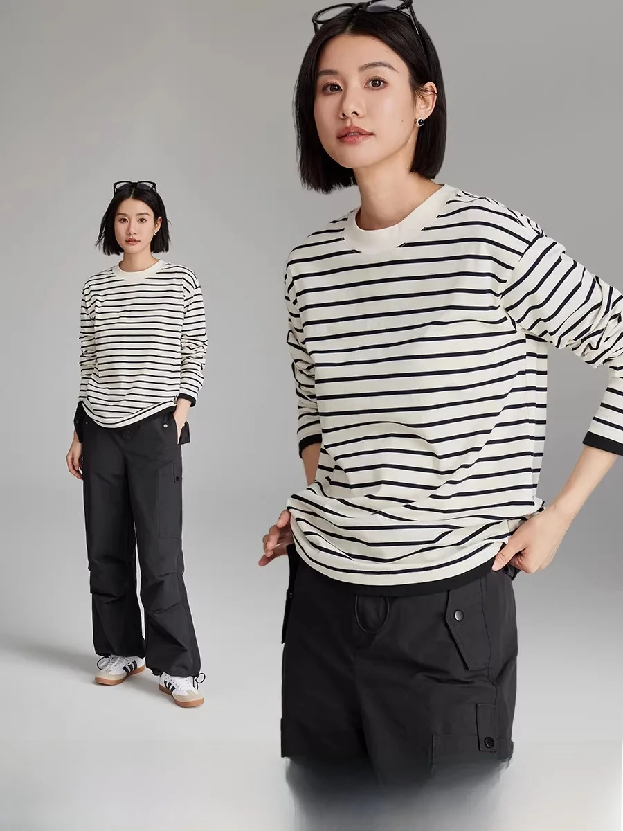 

Classic Striped Cotton T-irt Loose Long Sve Women's Spring Autumn Top Comfortable Breathable Casual round Ne Tee