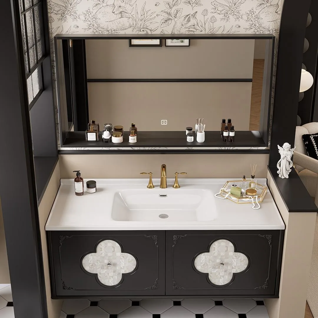 French retro style bathroom cabinet ceramic paint porcelain integrated basin combination shell decoration oak panel four-leaf cl