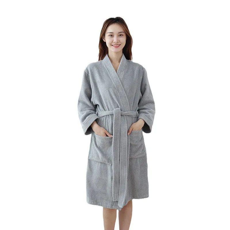 Women Bathrobe 100% Cotton Towel Kimono Robe Long Sleeve Belted Bath Gown With Pocket Loose Loungewear Homewear Spa Sleep Robe
