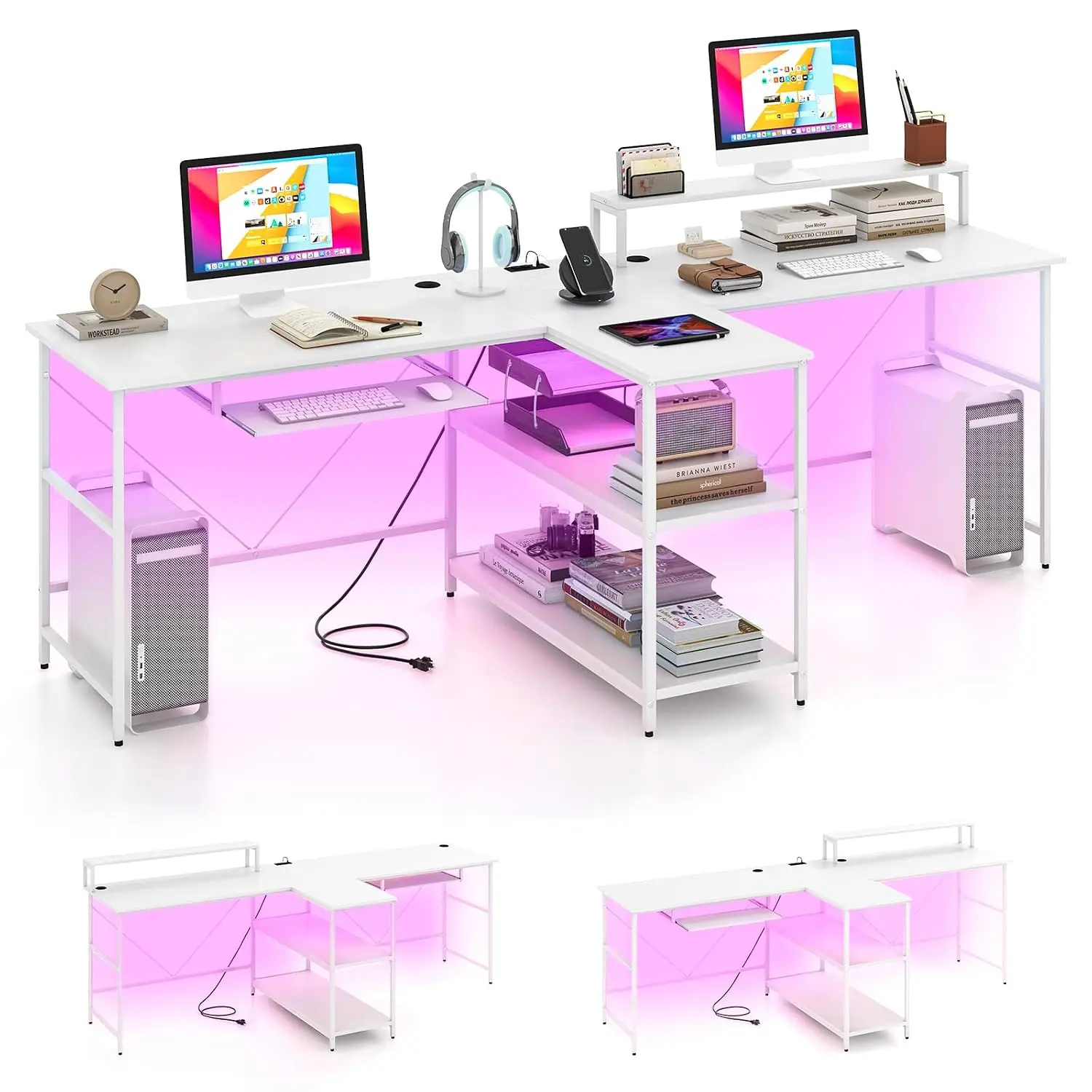 2-Person Reversible Computer Desk With LED Lights, 94.5