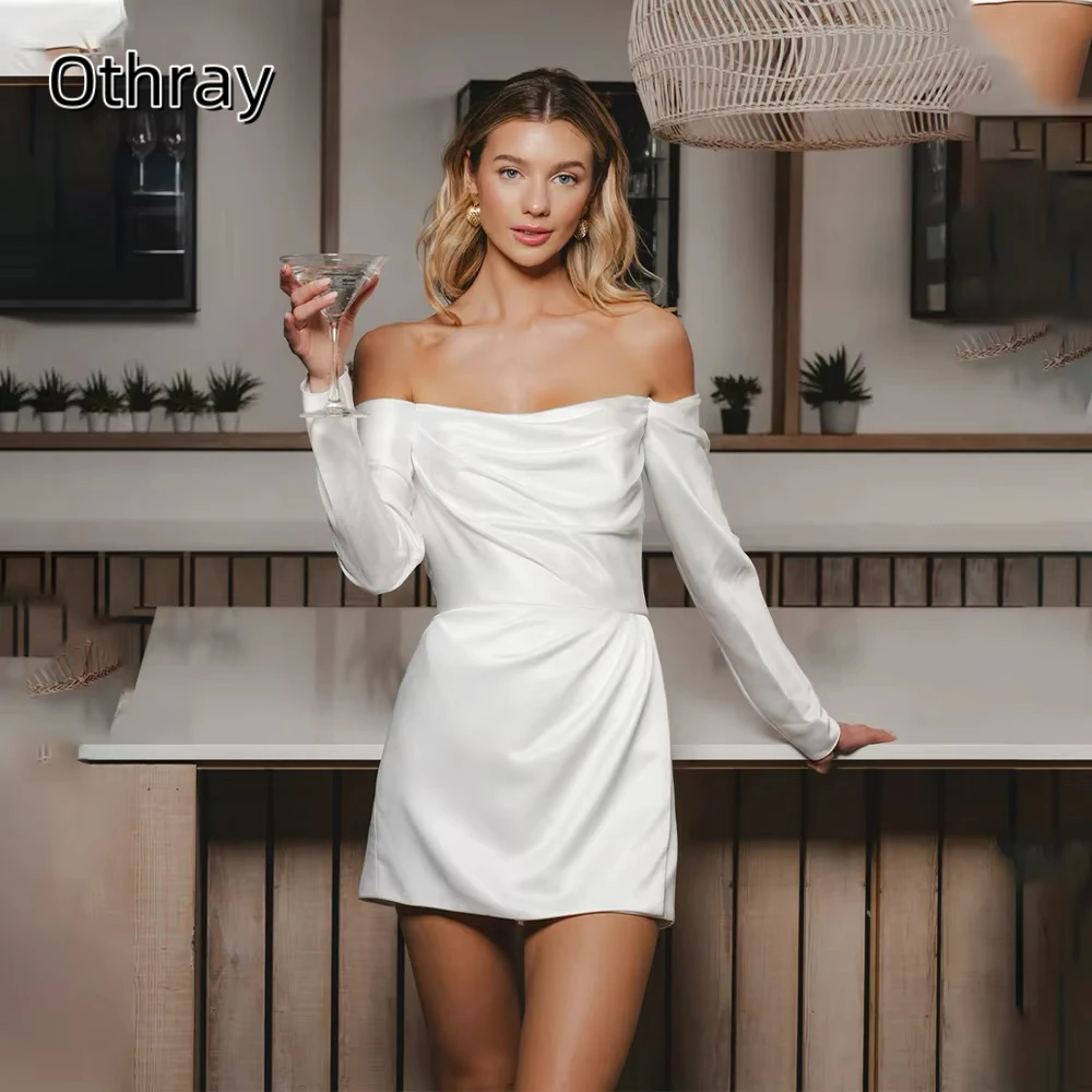 

Othray Off The Shoulder Pleat Long Sleeves Mini Satin Short Wedding Dresses Formal Bridal Grown Vestido De Noival