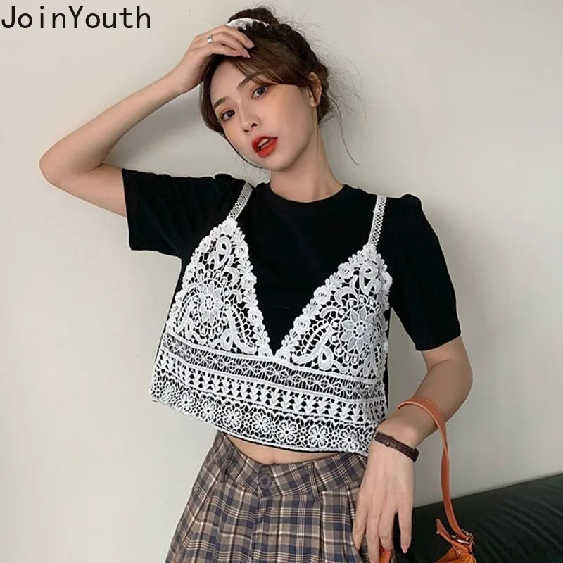 Fake Two Tshirts Women\'s Clothing Korean Summer Tees Crop Tops Ropa Mujer Patchwork Lace Casual Short Sleeve Fashion T Shirts