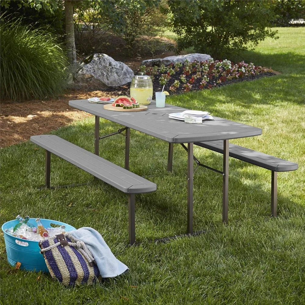 Dining table, outdoor, indoor living, 6-foot folding wild dining table, dark gray wood grain resin, gray steel legs