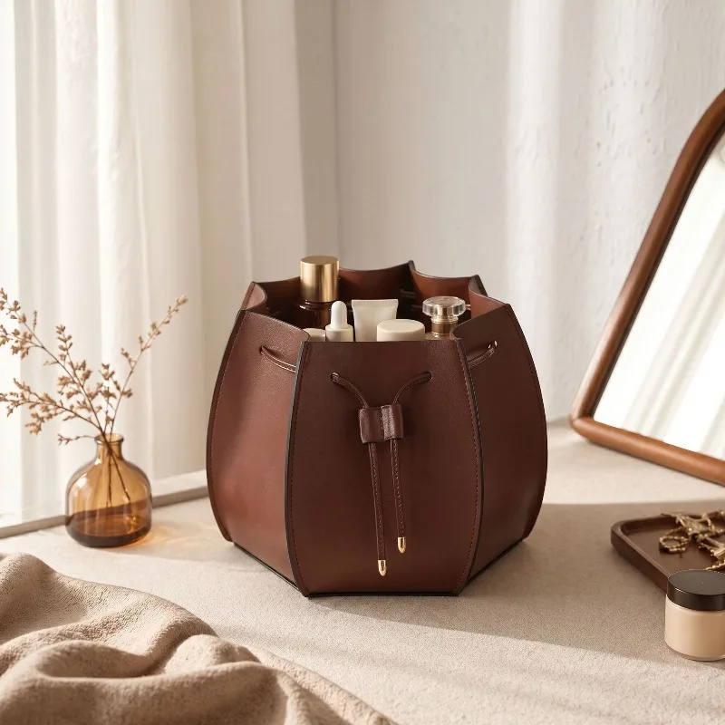 Octagonal Bucket Storage Bag Waterproof Leather Durable Portable Storage Bag Drawstring Design Nordic Retro Luxury Home Storage