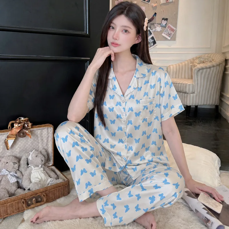 Summer Ice Silk Short Sleeved Pajama Home Clothes Set for Women Blue Butterfly Loose Short Sleeved Pants Home Clothes Set