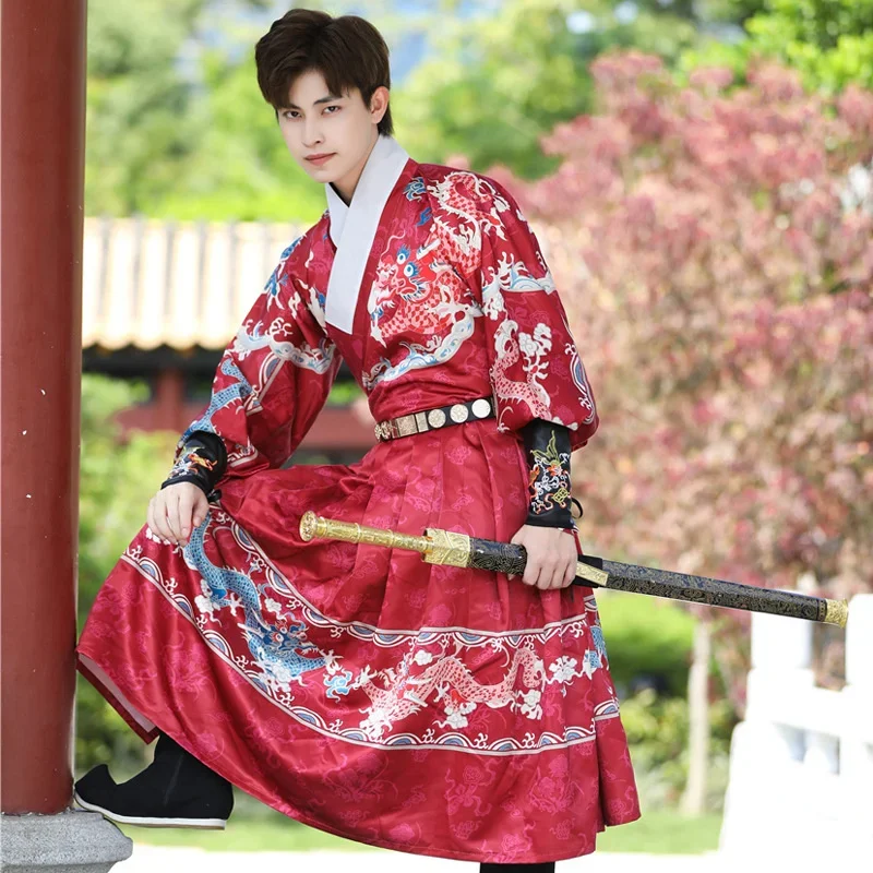 Chinese Traditional Ming Qing Dynasty Men Hanfu Dress Dragon Print Tang Suit Hanbok Korean Robe Prince Swordsman Cosplay Costume