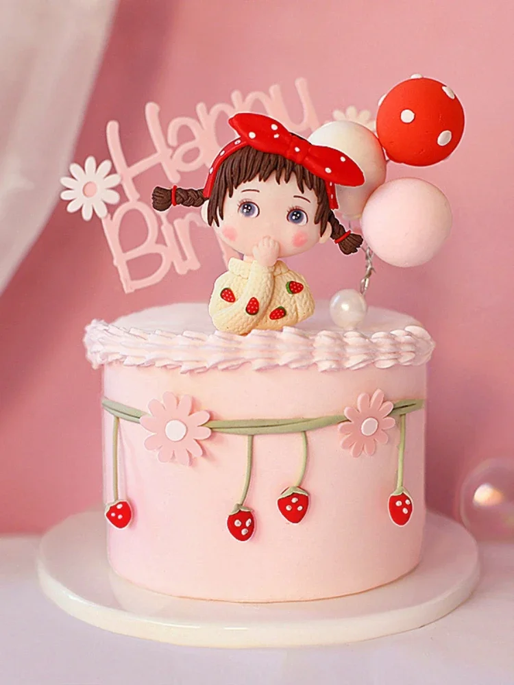 Cute Pink Girl Cake Topper Soft Taupo Point Bow Strawberry Playful Kids Doll Plug-in Party Dessert Cake Decoration Dress Up