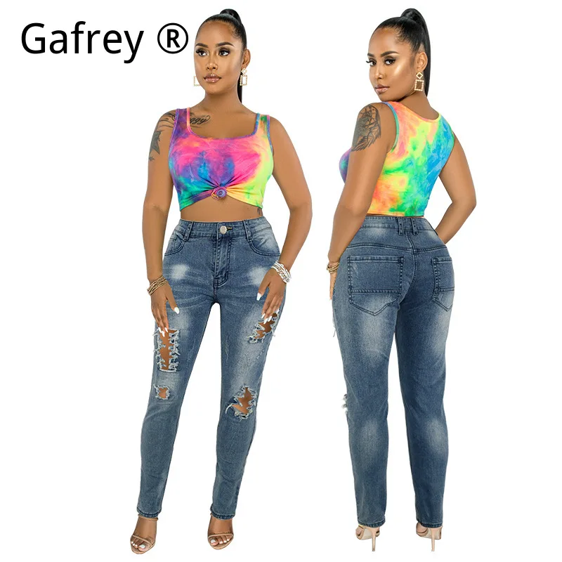 

Женские винтажные джинсы с эффектом потертости и рваными элементами, с высокой талией, облегающие, длинные, в уличном стиле, модные брюки, летняя одежда