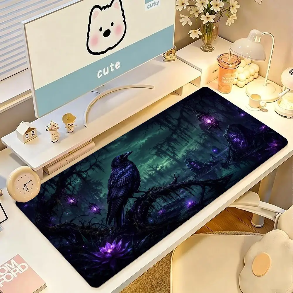 Purple Night Crow Gaming Mouse Pad Non Slip Rubber Base Precision Tracking Desk Mat For Esports Dorm