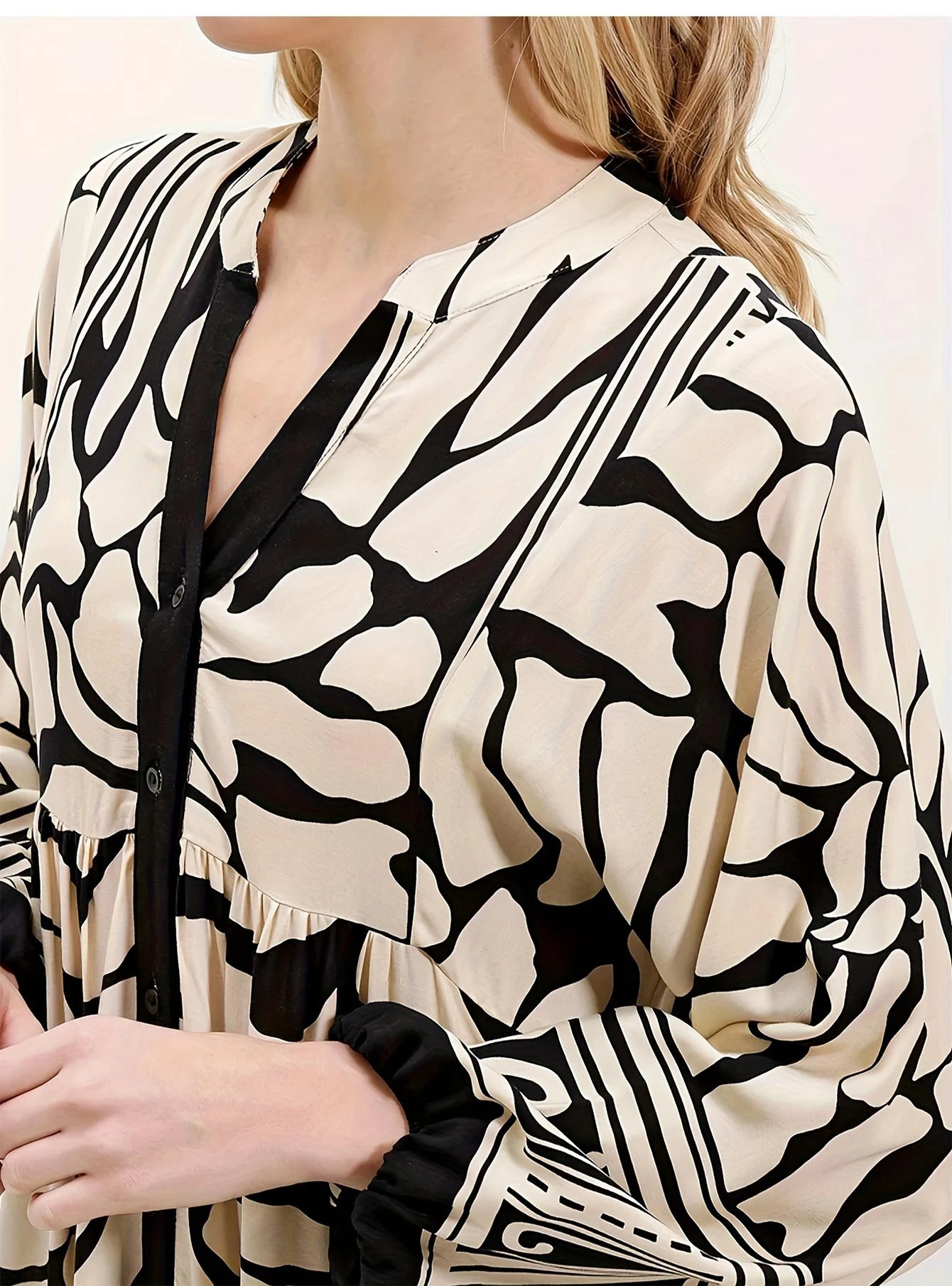 Faionable Casual Stampato V-Ne Lungo Sve Dr Vita ampia Gonna a trapezio Tessuto in poliestere Estate Donna Dr