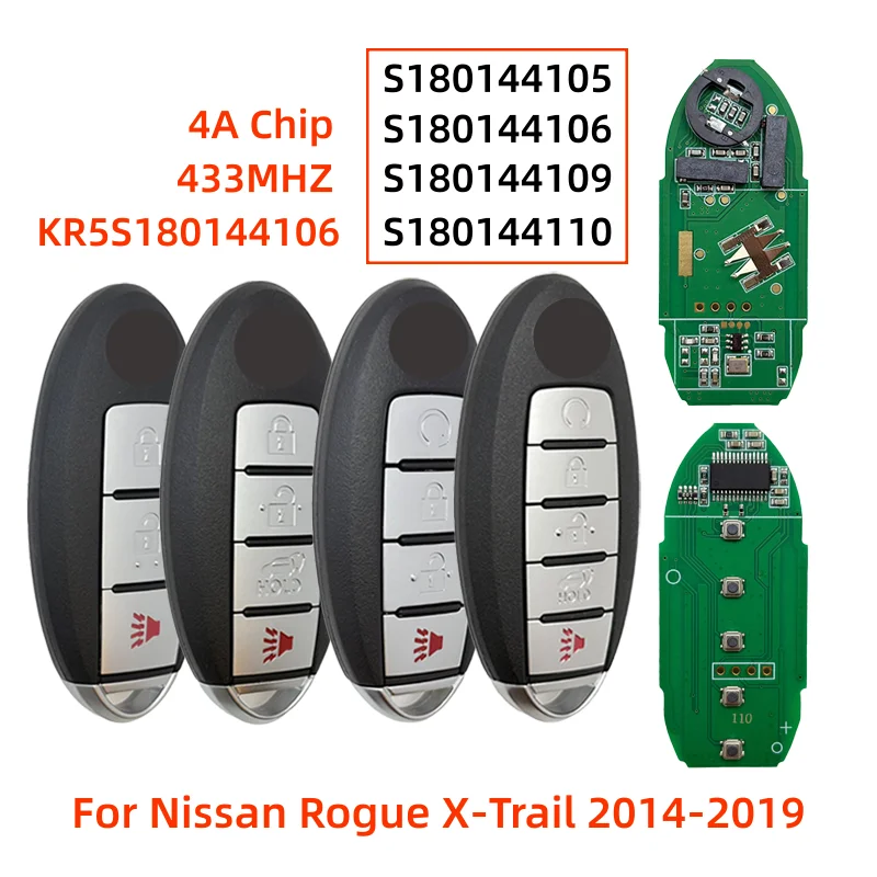 Clé intelligente avec puce 433 MHz 4A pour Nissan Rogue X-Trail 2014-2021, modèles KR5S180144106, S180144110, S180144109, S180144105, S180144106