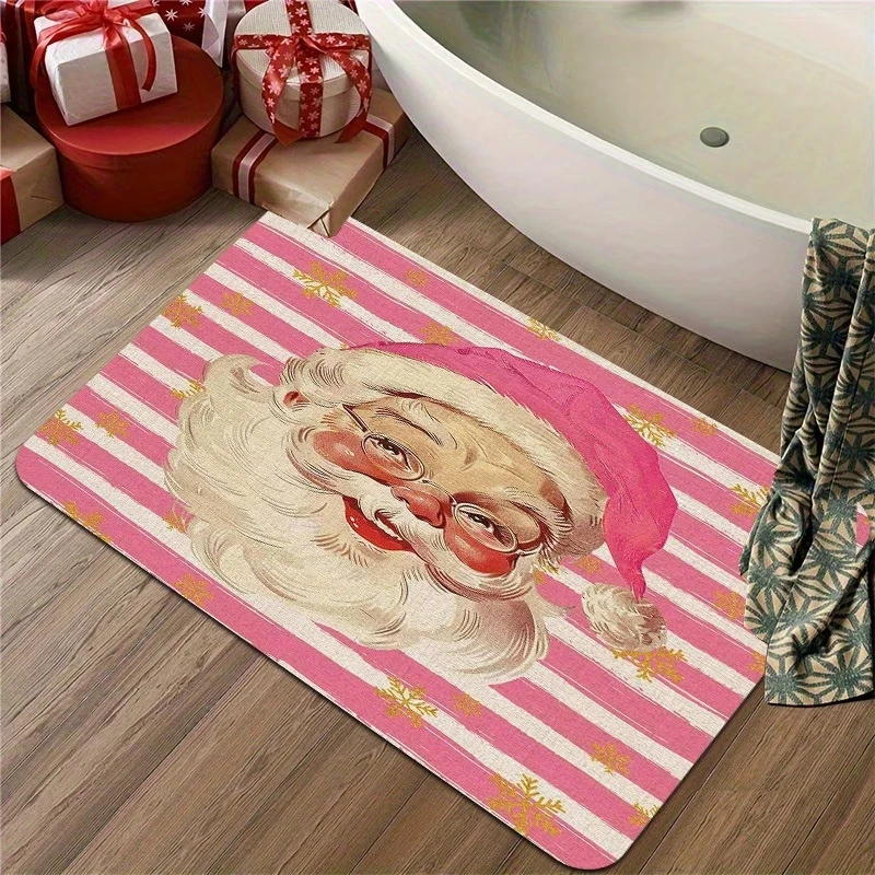 VIKAMA Christmas Rectangular Doormat Pink Retro Santa Claus Snowflake Pattern Xmas Holiday Bathroom Entrance Floor Decor Mat