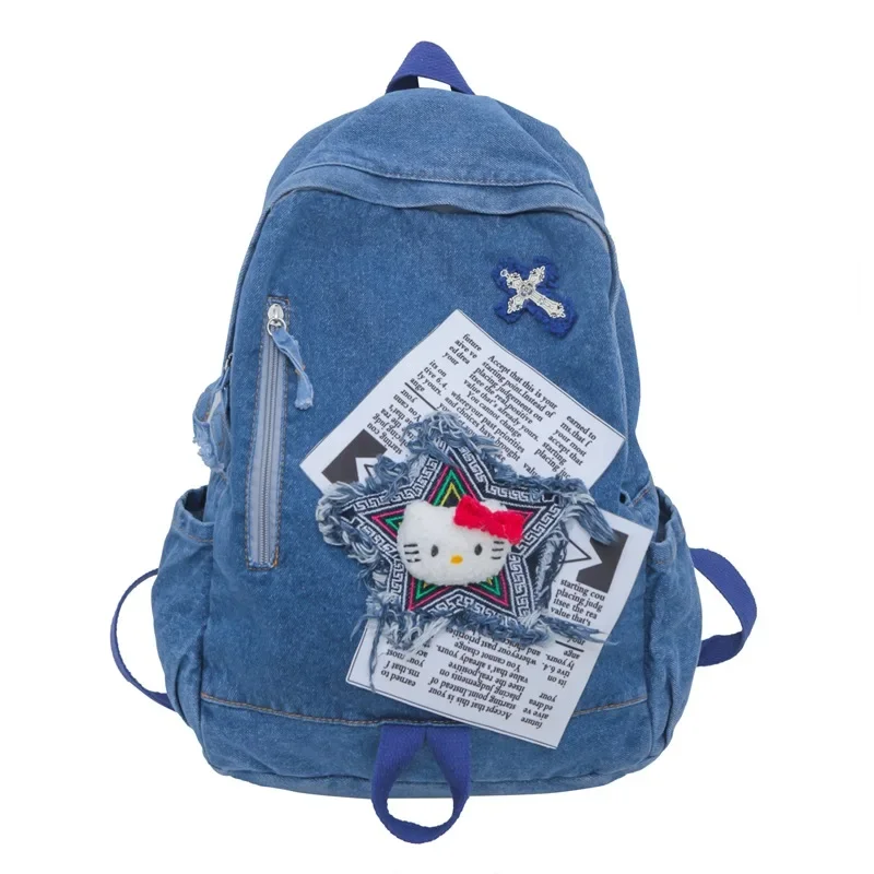 Imagem -05 - Miniso Hello Kitty Denim Color Block Backpack Mochila de Grande Capacidade dos Desenhos Animados Bolsa de Escola Feminina Estudante Universitária