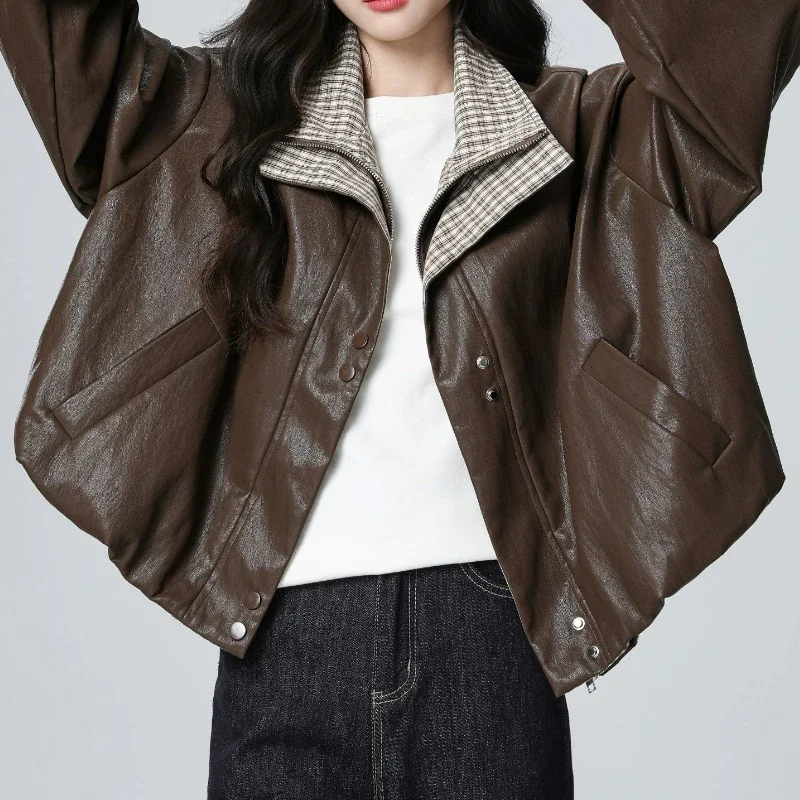 Premium Brown New Leather Jacket Small Short Jacket Retro Splicing Plaid Lapel Top Jacket
